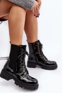 Lakierowane Botki Workery Damskie Czarne Charmea