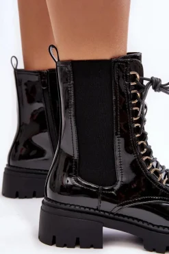 Lakierowane Botki Workery Damskie Czarne Charmea