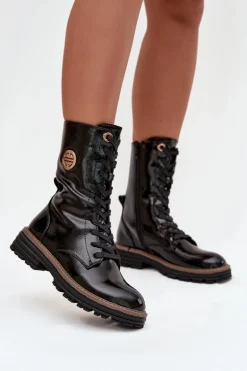 Lakierowane Botki Workery Damskie Ze Złotym Detalem Ocieplane Czarne Dorialine