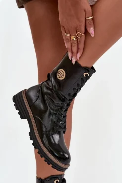 Lakierowane Botki Workery Damskie Ze Złotym Detalem Ocieplane Czarne Dorialine