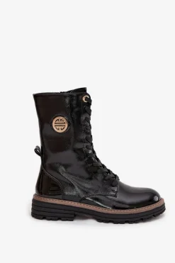 Lakierowane Botki Workery Damskie Ze Złotym Detalem Ocieplane Czarne Dorialine