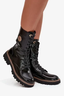 Lakierowane Botki Workery Damskie Ze Złotym Detalem Ocieplane Czarne Dorialine