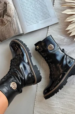 Lakierowane Botki Workery Damskie Ze Złotym Detalem Ocieplane Czarne Dorialine