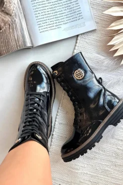 Lakierowane Botki Workery Damskie Ze Złotym Detalem Ocieplane Czarne Dorialine