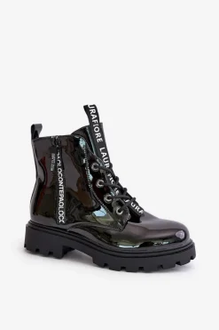 Lakierowane Botki Workery Damskie Ocieplane Z Napisami Czarne Zinfreya