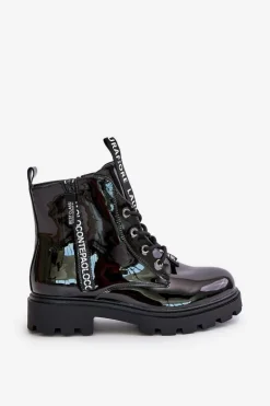 Lakierowane Botki Workery Damskie Ocieplane Z Napisami Czarne Zinfreya