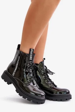 Lakierowane Botki Workery Damskie Ocieplane Z Napisami Czarne Zinfreya