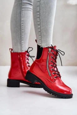 Lakierowane Botki Workery Na Zamek Ocieplane Czerwone Ravanthia