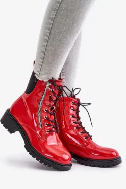 Lakierowane Botki Workery Na Zamek Ocieplane Czerwone Ravanthia