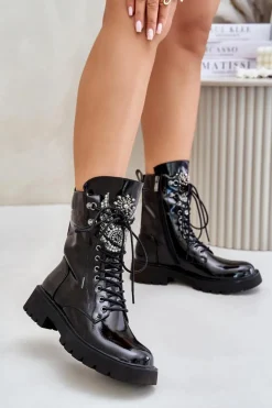 Lakierowane Botki Workery Ze Zdobieniem Ocieplane D&A MR880-080 Czarne