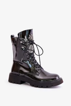 Lakierowane Botki Workery Ze Zdobieniem Ocieplane D&A MR880-080 Czarne