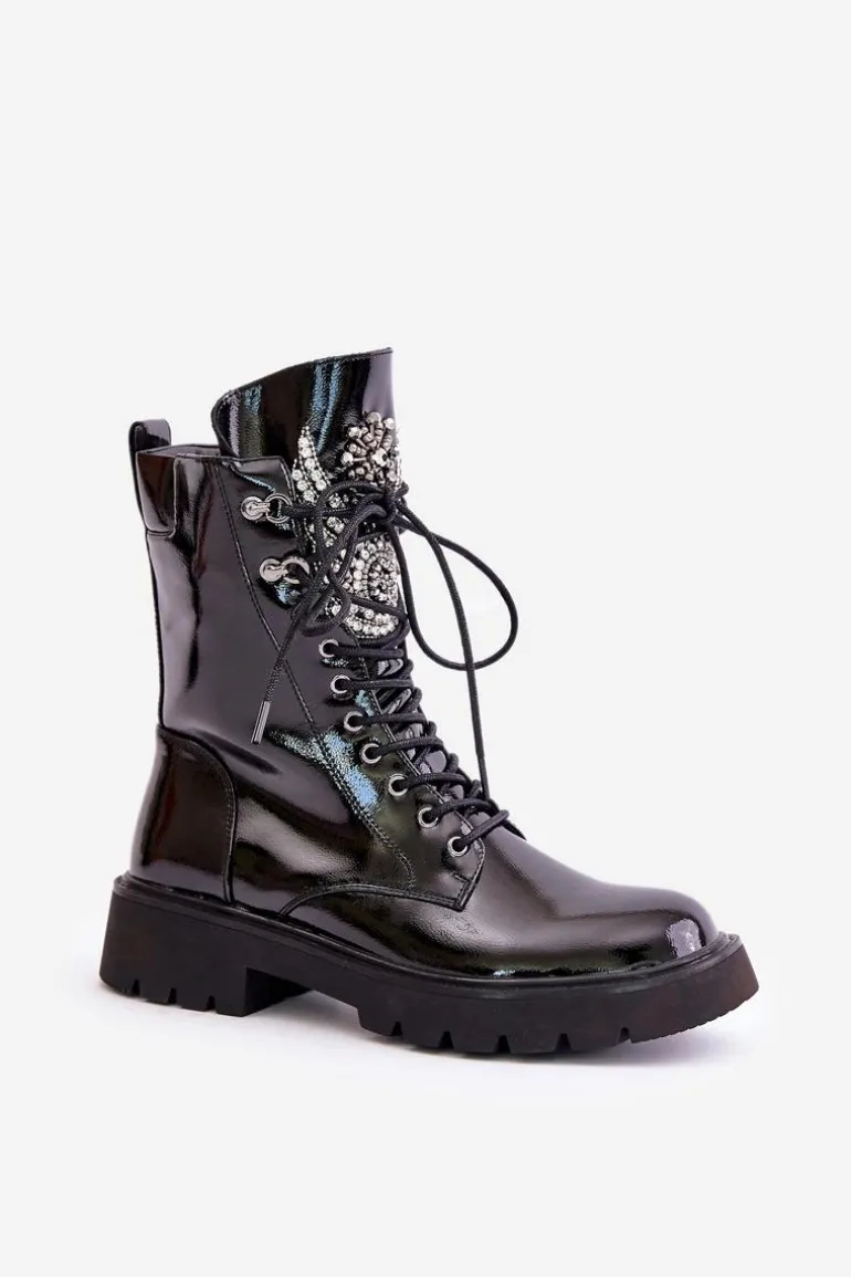 Lakierowane Botki Workery Ze Zdobieniem Ocieplane D&A MR880-080 Czarne