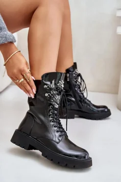 Lakierowane Botki Workery Ze Zdobieniem Ocieplane D&A MR880-080 Czarne