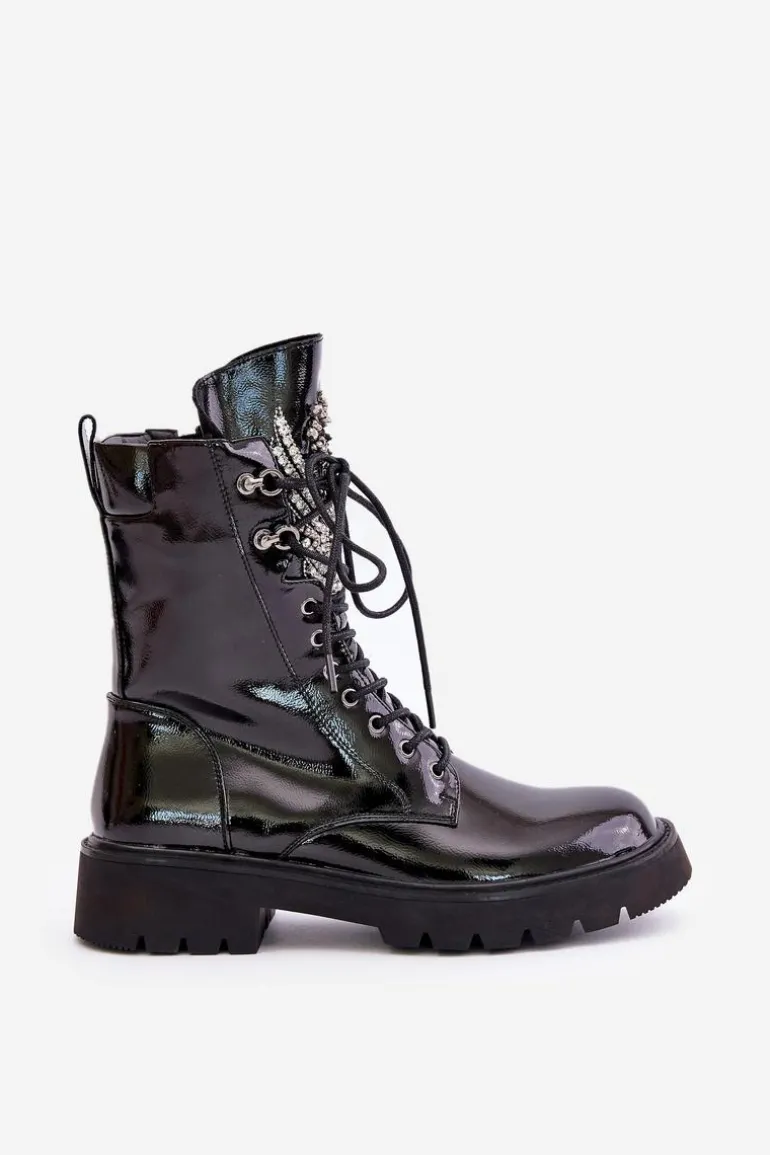 Lakierowane Botki Workery Ze Zdobieniem Ocieplane D&A MR880-080 Czarne