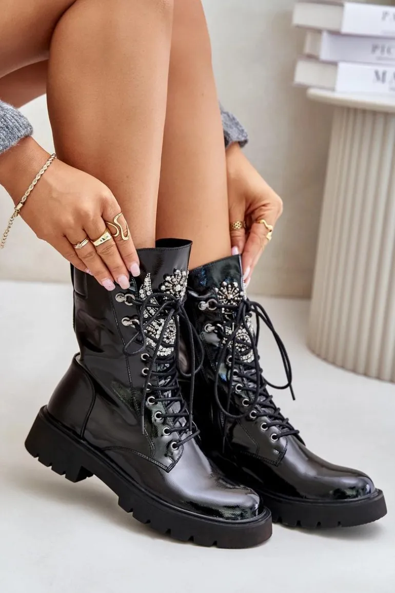 Lakierowane Botki Workery Ze Zdobieniem Ocieplane D&A MR880-080 Czarne