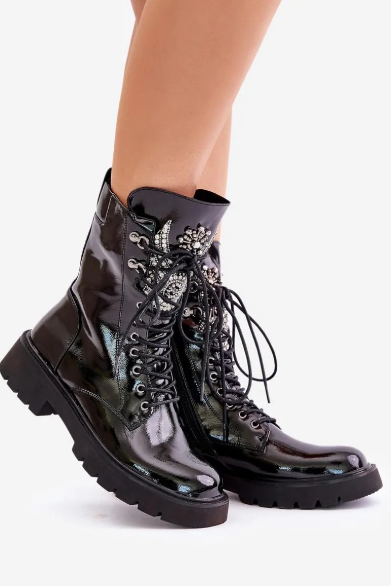 Lakierowane Botki Workery Ze Zdobieniem Ocieplane D&A MR880-080 Czarne