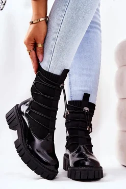 Lakierowane Botki Workery Ze Skarpetą Czarne Connor