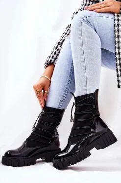 Lakierowane Botki Workery Ze Skarpetą Czarne Connor