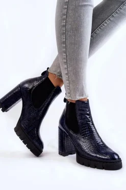 Lakierowane Botki Wężowy Wzór Na Słupku Granatowe Eldey