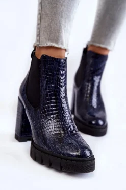 Lakierowane Botki Wężowy Wzór Na Słupku Granatowe Eldey