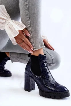 Lakierowane Botki Wężowy Wzór Na Słupku Granatowe Eldey