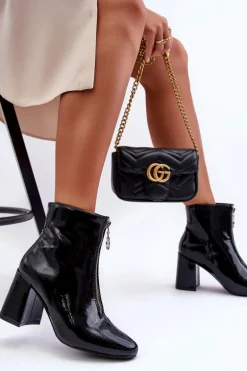 Lakierowane Botki Z Ozdobnym Zamkiem Czarne Sevil