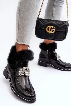 Lakierowane Botki Z Ozdobą I Futerkiem S.Barski MR870-73 Czarne