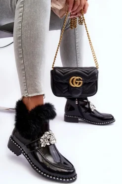 Lakierowane Botki Z Ozdobą I Futerkiem S.Barski MR870-73 Czarne