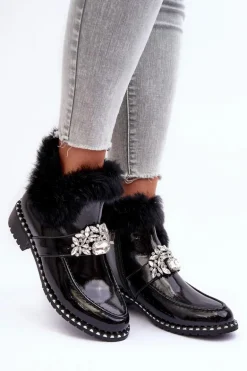 Lakierowane Botki Z Ozdobą I Futerkiem S.Barski MR870-73 Czarne