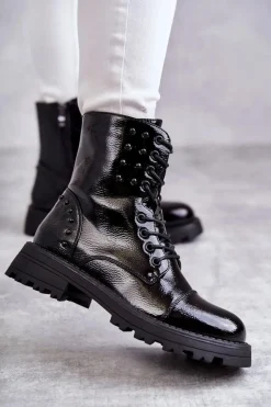 Lakierowane Botki Z Ćwiekami Czarne Palmira