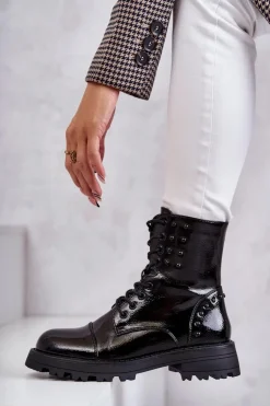 Lakierowane Botki Z Ćwiekami Czarne Palmira