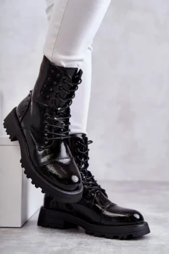 Lakierowane Botki Z Ćwiekami Czarne Palmira