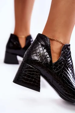 Lakierowane Botki Z Wycięciami Krokodyli Wzór Czarne Dalros
