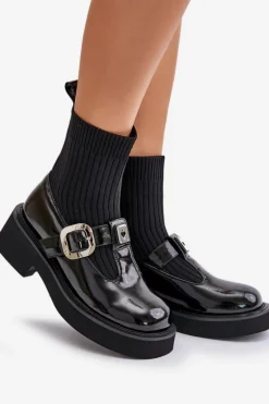 Lakierowane Botki Ze Skarpetą I Klamrą Wsuwane MR880-076 Czarne