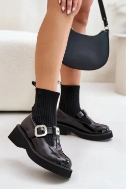 Lakierowane Botki Ze Skarpetą I Klamrą Wsuwane MR880-076 Czarne