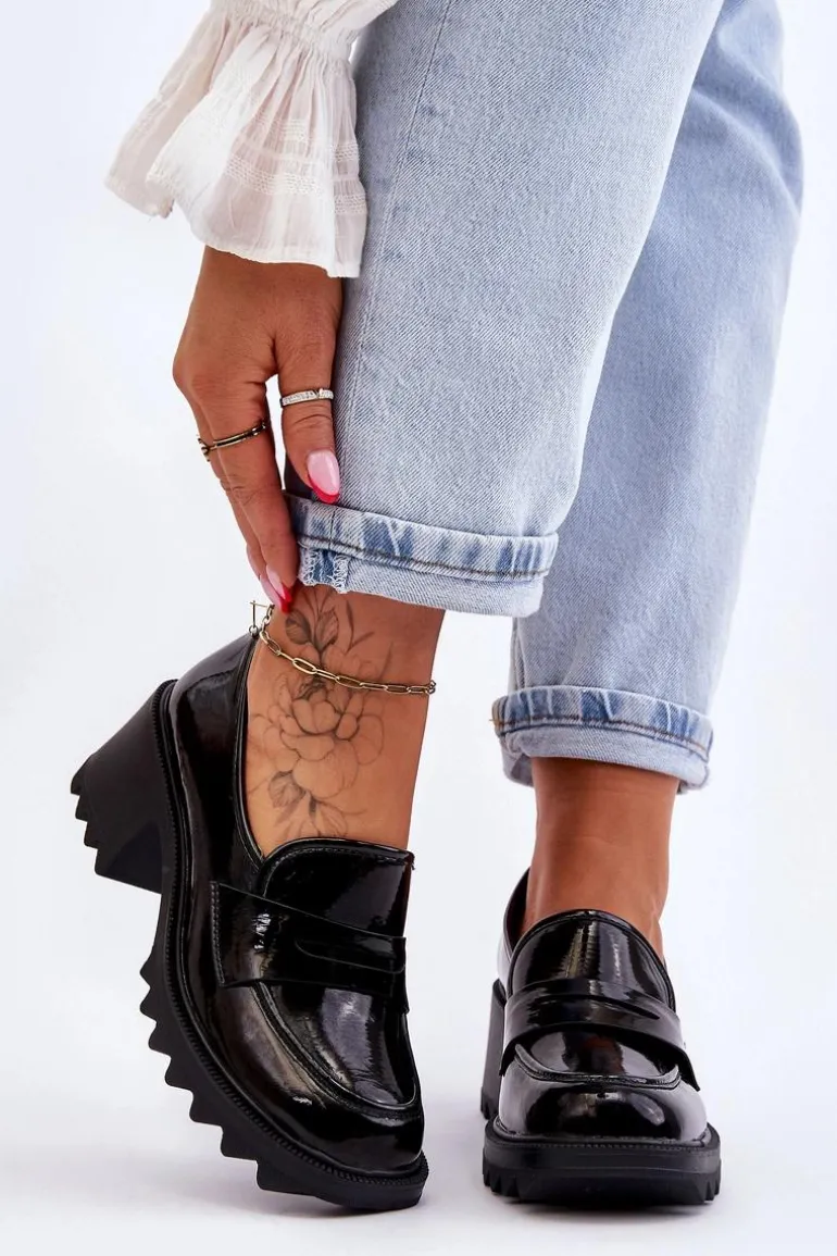 Lakierowane Czółenka Mokasyny Na Obcasie Czarne Jay