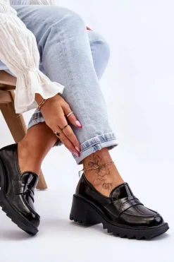 Lakierowane Czółenka Mokasyny Na Obcasie Czarne Jay