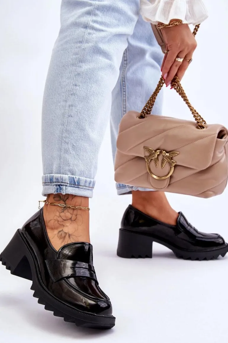 Lakierowane Czółenka Mokasyny Na Obcasie Czarne Jay