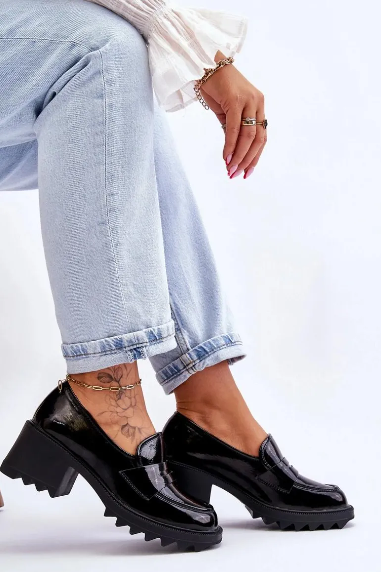 Lakierowane Czółenka Mokasyny Na Obcasie Czarne Jay