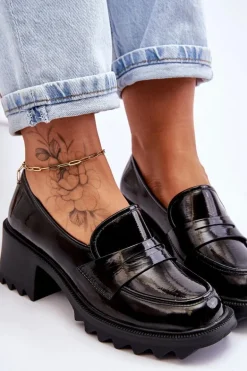 Lakierowane Czółenka Mokasyny Na Obcasie Czarne Jay