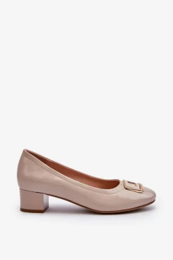 Lakierowane Czółenka Na Klocku Z Ozdobą Beżowe Enollia