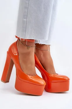 Lakierowane Czółenka Na Masywnej Platformie I Słupku Pomarańczowe Ninames