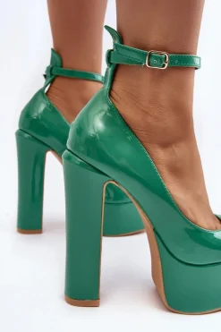 Lakierowane Czółenka Na Masywnej Platformie I Słupku Zielone Ninames