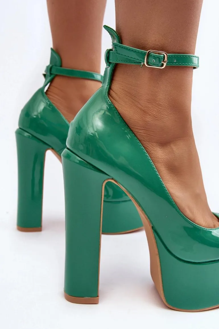 Lakierowane Czółenka Na Masywnej Platformie I Słupku Zielone Ninames