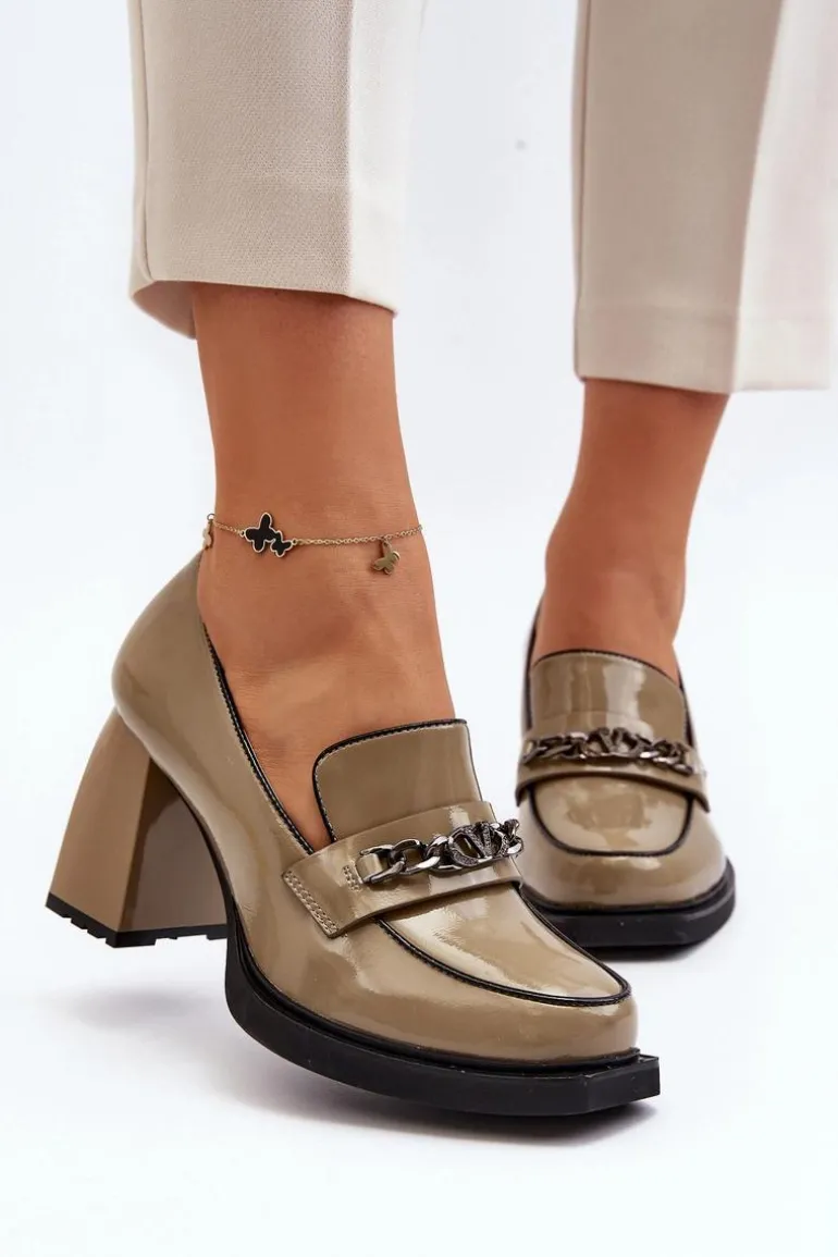 Lakierowane Czółenka Na Masywnym Obcasie Zielone Terimene