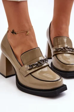 Lakierowane Czółenka Na Masywnym Obcasie Zielone Terimene