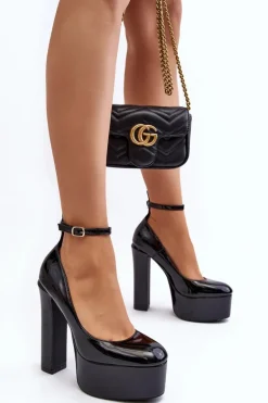 Lakierowane Czółenka Na Masywnej Platformie I Słupku Czarne Ninames