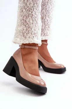 Lakierowane Czółenka Na Masywnym Obcasie Ciemnobeżowe Effiba