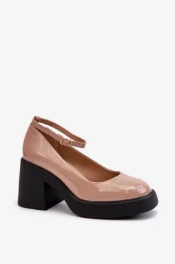 Lakierowane Czółenka Na Masywnym Obcasie Ciemnobeżowe Effiba