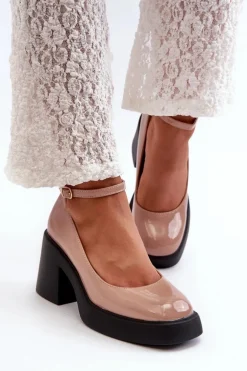 Lakierowane Czółenka Na Masywnym Obcasie Ciemnobeżowe Effiba